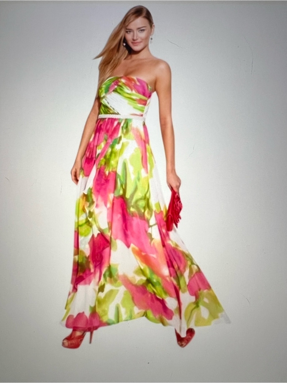 Calvin Klein Strapless Floral Maxi Dress in Pink, Green & White